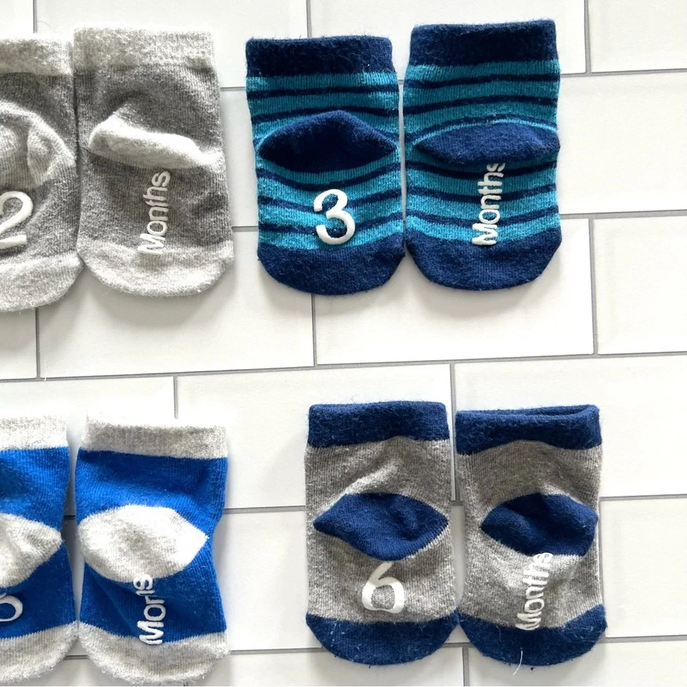 0-12M💙 Calvin Klein Milestone Baby 12 Month Socks w/ Grips Blue Gray Stars
